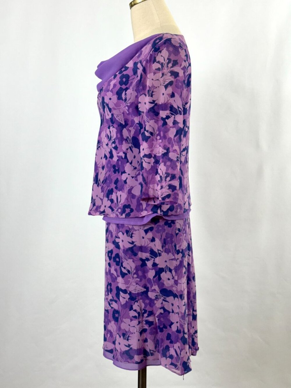 Vtg Y2K Purple Floral 100% Silk Co-ord Matching Set Top Skirt Cowl Neck Feminine - Picture 3 of 16